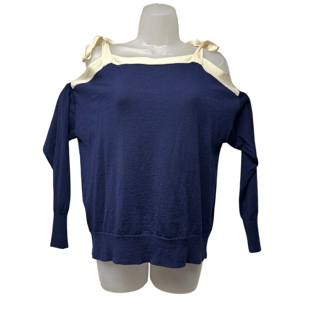 J.Crew 100% Merino Wool Women L Cold Shoulder Sweater Navy Ivory Bow Tie Preppy